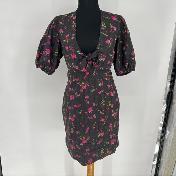 Pam & Gela Neon Ditsy Dress‎ Tie Front Puff Sleeve Mini sz P - Picture 6 of 16